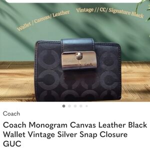 Coach Monogram Canvas Leather Black Wallet Vintage Silver Snap Closure GUC